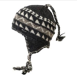 Iconic Wool Ear Flap Warm Winter Hat Made in Nepal OS Brown & Grey Ties & Tassel